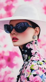 Chic woman in floral couture poses against dreamy pink blooms