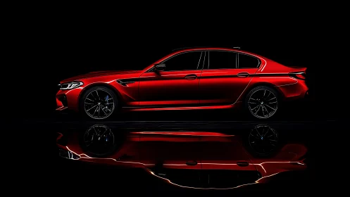 Sleek red sports sedan glides through dramatic studio light