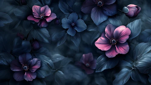 Digital floral arrangement with pink petals against dark foliage.