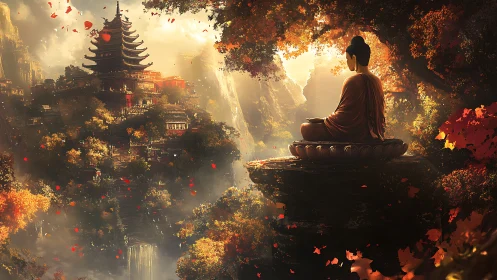 Meditative figure surveying volumetric-lit pagoda valley.