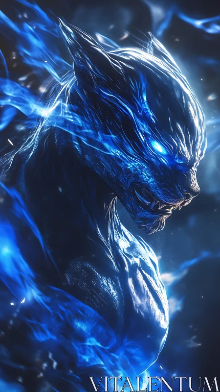 Blue flame demon warrior emerges in crackling energy storm.