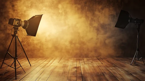 Studio cameras facing warm lit backdrop on rustic floor.