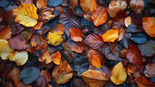 Colorful fallen autumn leaves form a vivid forest carpet.