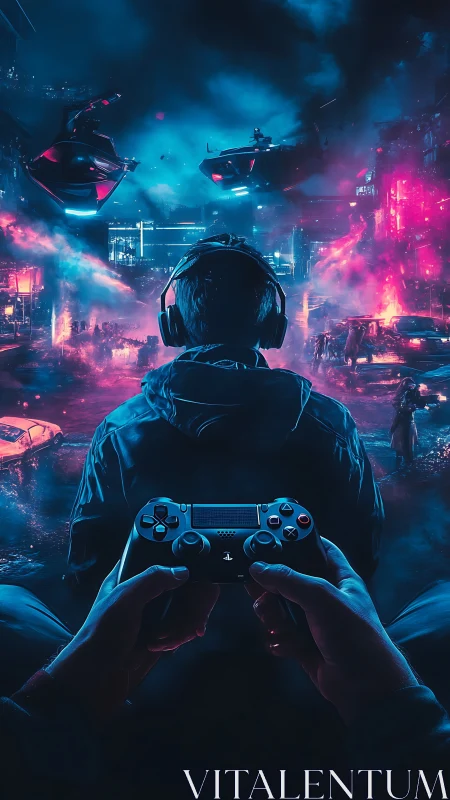 Cybernetic gamer interface merging urban neon battlefield vistas.