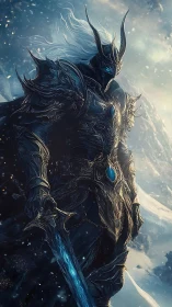 Icebound dark knight with glowing blade on frozen ridge.