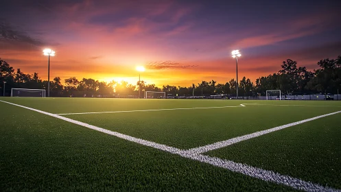 Synthetic turf soccer field sits under stadium lights at dusk