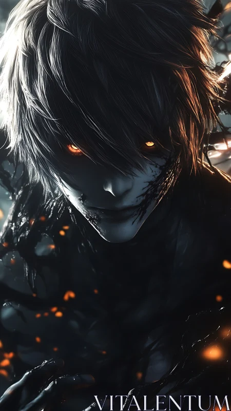 Shadowlit ember-eyed figure wrapped in living darkness.