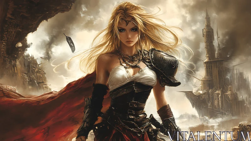 Battle-scarred warrior queen stalks ruined fantasy citadel