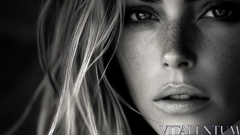 High-contrast monochrome close-up of freckled female face