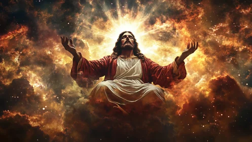 Radiant robed figure rises in glowing cosmic clouds of light