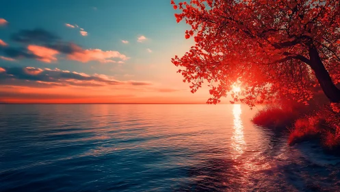 Crimson shoreline tree drinks the last electric ocean sunset