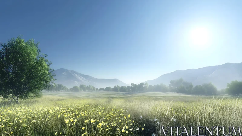 Soft morning light over misty meadow and quiet hills.