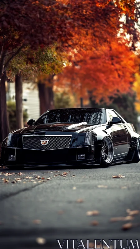 Low-slung black Cadillac CTS coupe under saturated autumn canopy.