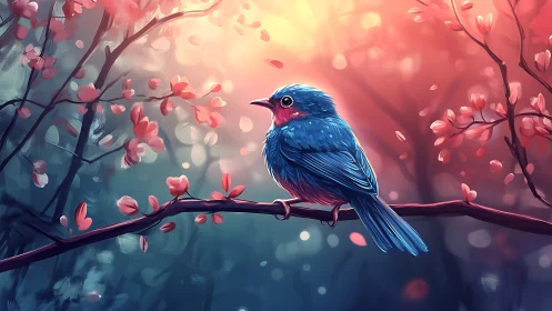 Vibrant blue bird on branch in dreamy digital art forest scene.