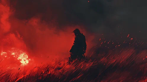 Silhouetted figure standing in a wildfire landscape at dusk