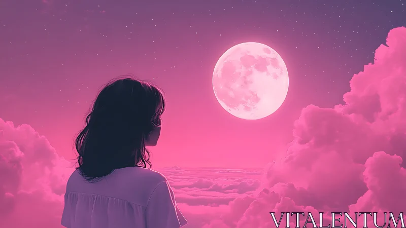 Girl in pink clouds gazes at glowing full moon dreamscape.