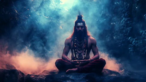 Mystic yogi meditates in glowing forest mist at twilight