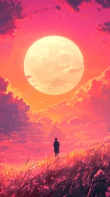 Silhouette under huge glowing sun in vivid sunset sky.