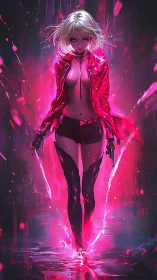 Cyberpunk assassin walking through neon pink stormwater.