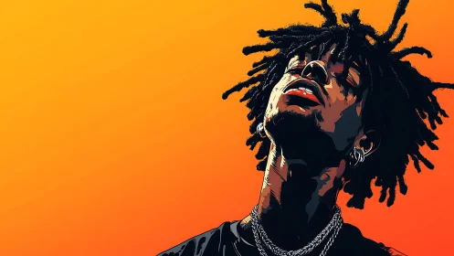 Intense hip-hop portrait against radiant orange gradient background.