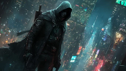 Hooded urban vigilante stalks neon rain in future skyline.