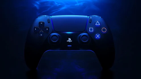 PlayStation 5 DualSense Controller Glowing in Neon Blue