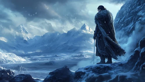 Lone fur‑clad warrior overlooking vast frozen valley.