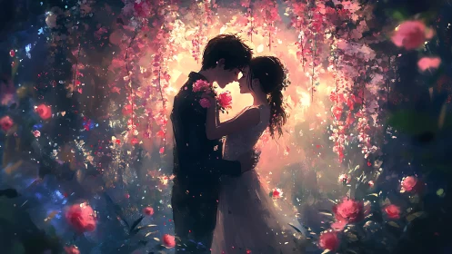 Silhouetted Couple Embracing Among Cascading Luminous Floral Particles
