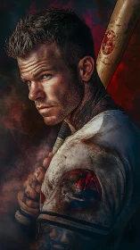 Grit-textured baseball warrior rendered in dramatic chiaroscuro.