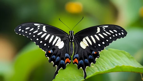 Graceful black butterfly resting on fresh green leaf.