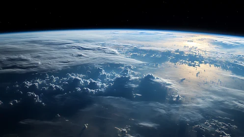 Low Earth orbit horizon with reflective cloud deck and sunlit sea.