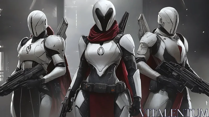 Three armored sci-fi soldiers stand in formation indoors