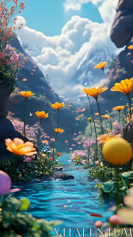 Flowered canyon stream flows beneath bright cumulus clouds