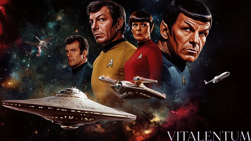 Starfleet officers and starships rendered in deep space field.