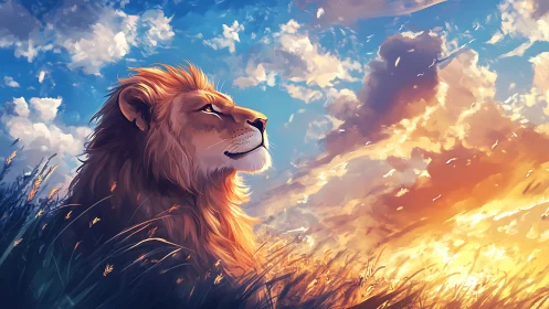 Regal lion profile in windblown grassland at radiant sunset