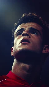 Floodlit focus on a rising footballer carved from shadows.