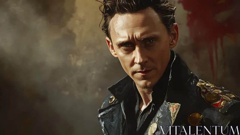 High-contrast digital portrait of stern man in ornate jacket