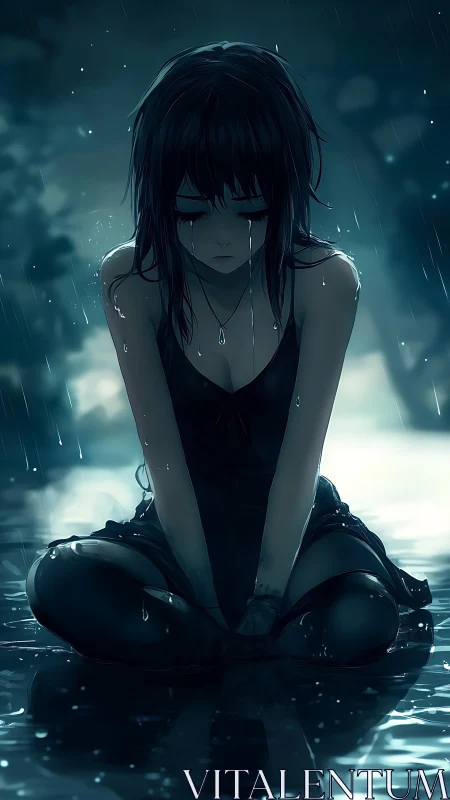 Rain-soaked girl kneels in blue nocturnal solitude.