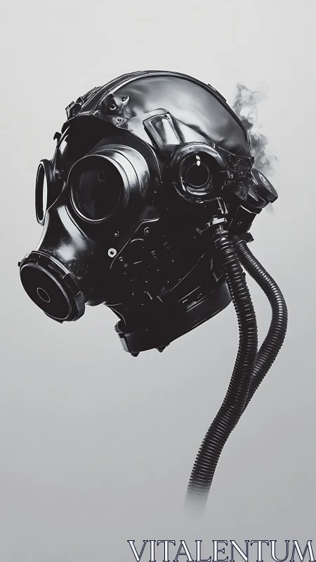 Futuristic black respirator helmet in minimalist smoke field.
