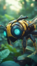 Curious robo-bee drifts through a dreamy forest glow.