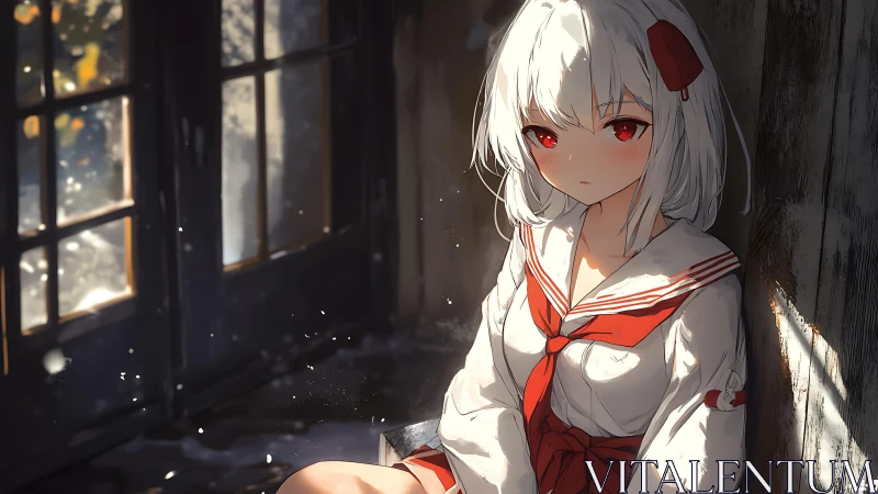 Snowlit silence wraps the crimson eyed girl in soft shadow