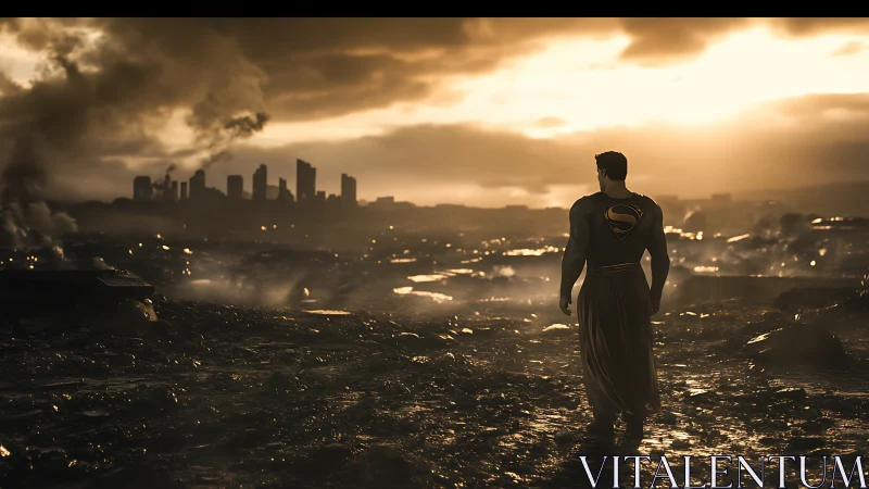 Backlit caped figure surveys smoke-filled post-apocalyptic city ruin