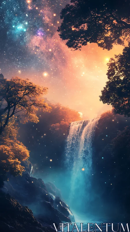 Starlit waterfall cascades beneath luminous cosmic sky.