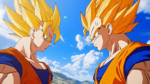 Symmetrical anime duel composition with cel-shaded Super Saiyan forms