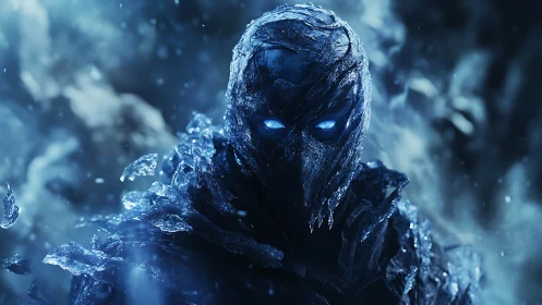 Frozen wraith knight erupts from blizzard with burning eyes.