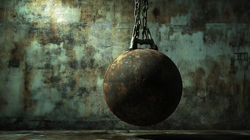 Corroded steel wrecking ball suspended before oxidized wall
