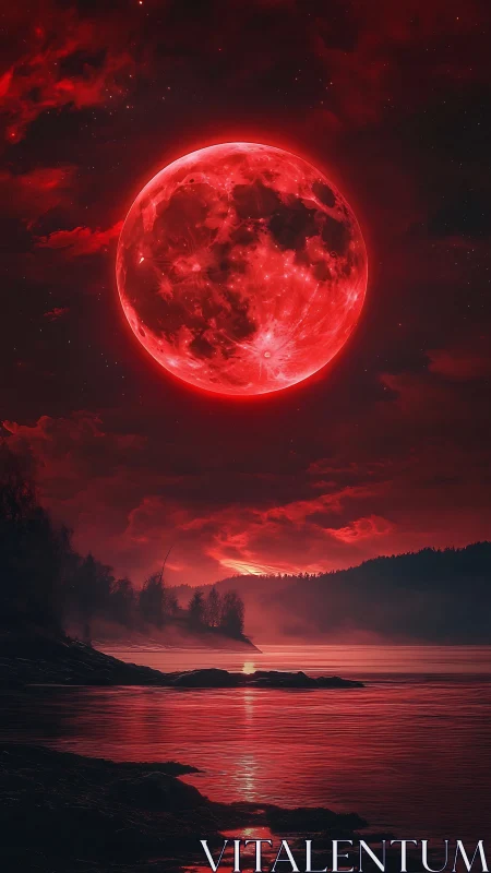 Digital painting of crimson supermoon above misted shoreline.