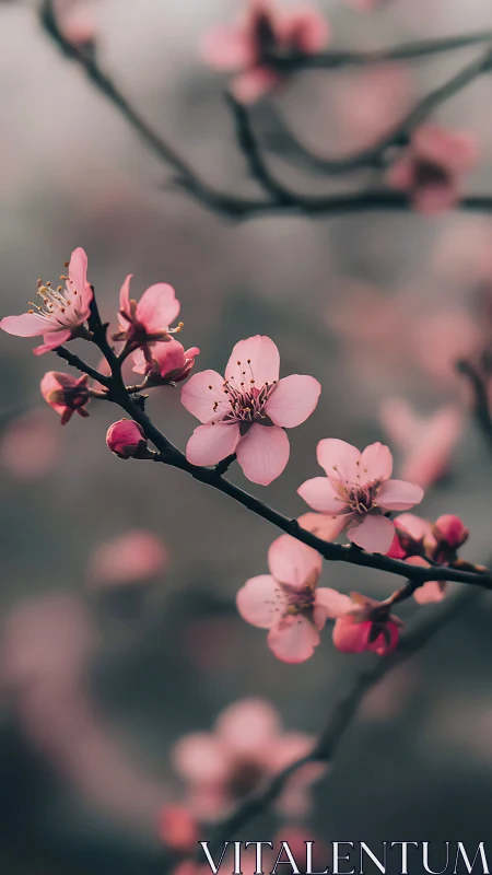 Pink blossoms on dark branch with shallow depth of field
