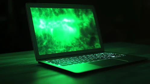 Open laptop with green illuminated display on desk surface.