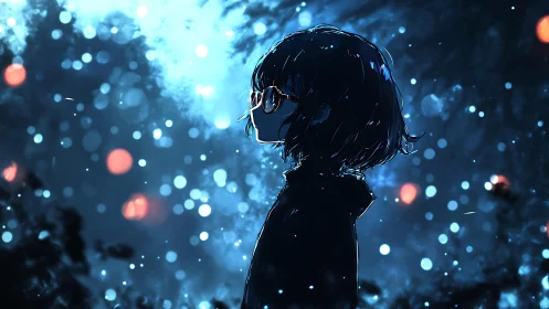 Silhouetted girl in glasses gazes into a dreamy blue night
